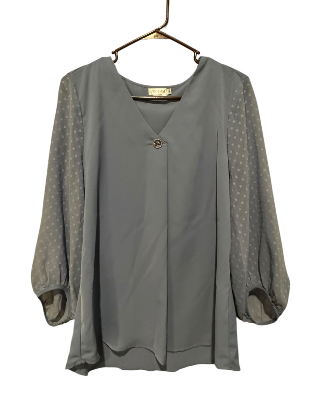 Women's light BLUE Chiffon Blouse with Polka Dot Sheer Sleeves